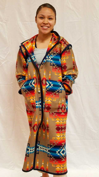 Ladies long wool coat multi color Southwestern pattern