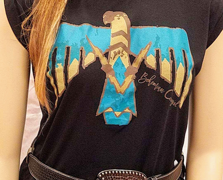 Women's lightweight high-low black Thunderbird t-shirt, by Bohemian Cowgirl
