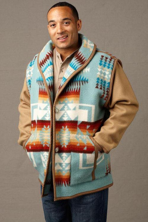 Kraff s Reversible Wool Car Coat Chief Joseph Aqua Plain Sleeves Kraffs Clothing