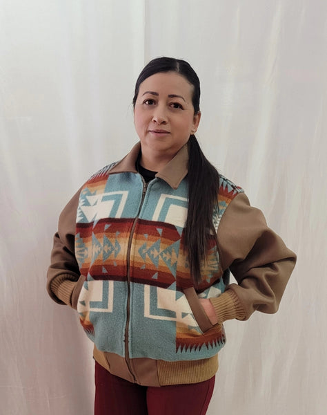 Kraffs Bomber Jacket, Chief Joseph Aqua, with Tan Melton Wool Sleeves