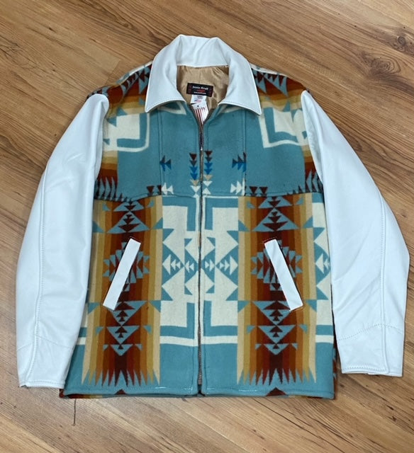 Kraffs Bomber Jacket, Chief Joseph Aqua, With White Leather Sleeves