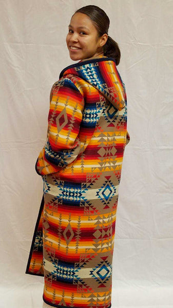 Ladies long wool coat multi color Southwestern pattern