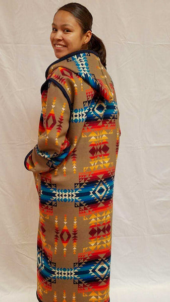 Ladies long wool coat multi color Southwestern pattern