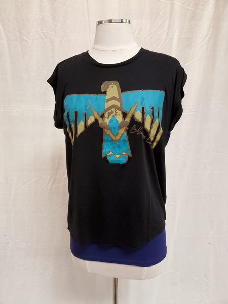 Women's lightweight high-low black Thunderbird t-shirt, by Bohemian Cowgirl