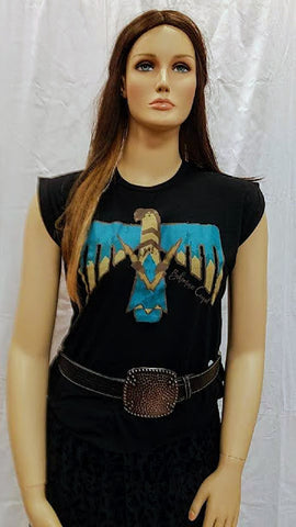 Women's lightweight high-low black Thunderbird t-shirt, by Bohemian Cowgirl