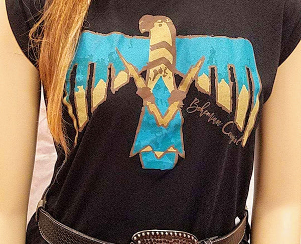 Women's lightweight high-low black Thunderbird t-shirt, by Bohemian Cowgirl