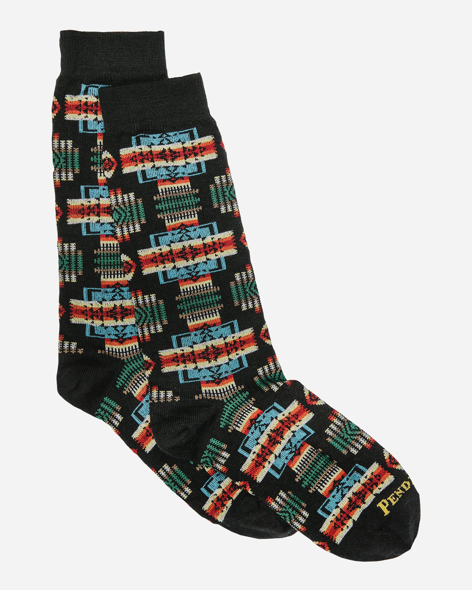 Black crew sock with Pendleton's chief joseph pattern.