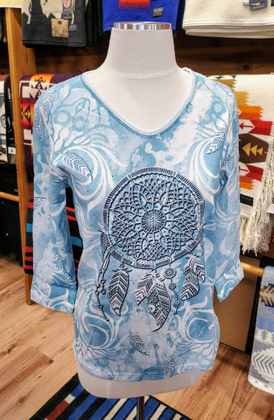 Women's 3/4 Sleeve 100% Cotton Tshirt, Cactus Bay, Turquoise Dreamcatcher