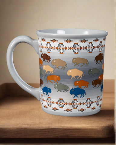 Grey ceramic coffee mug with multi colored bison