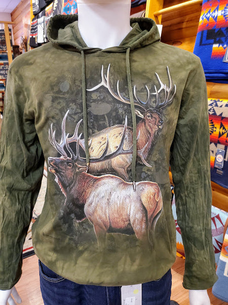 dark green light weight pull over hoodie with 2 bull elk