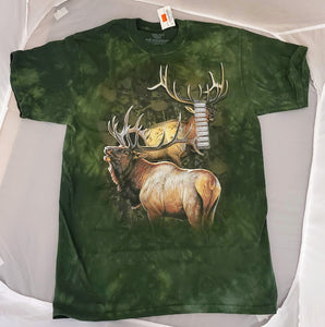 Stone washed dark green tee shirt with 2 bull elk