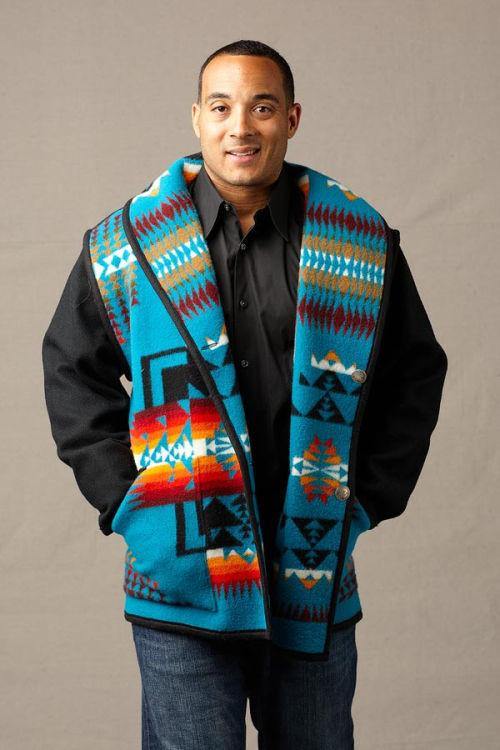 Kraff's Reversible Wool Car Coat, Chief Joseph Turquoise, Black Melton