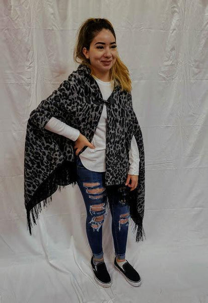 Cripple Creek Open Front Black and Grey Leopard Print Poncho - Kraffs Clothing