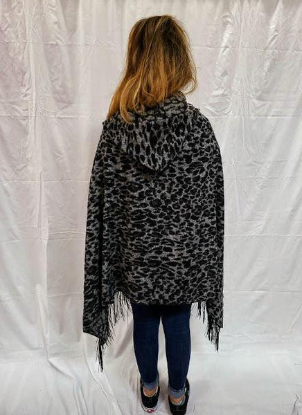 Cripple Creek Open Front Black and Grey Leopard Print Poncho - Kraffs Clothing