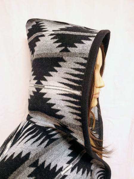 Long wool coat, black and silver geometric pattern in Falcon Cove by Pendleton.