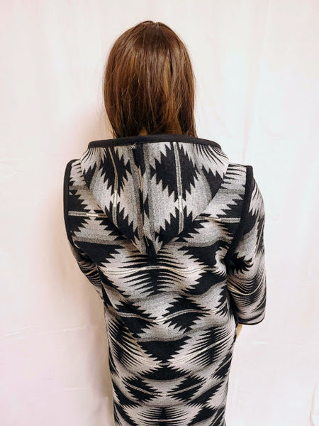 Long wool coat, black and silver geometric pattern in Falcon Cove by Pendleton.