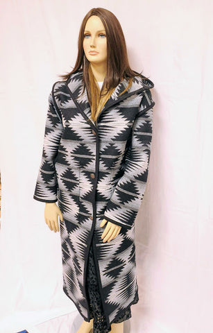 Long wool coat, black and silver geometric pattern in Falcon Cove by Pendleton.