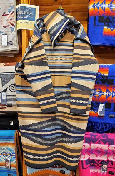 Long wool coat, multi color blue, tan and ivory in Rio Canyon by Pendleton.