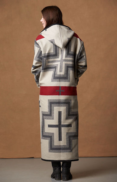 Long wool coat, ivory with red and grey geometric accents in San Miguel by Pendleton.