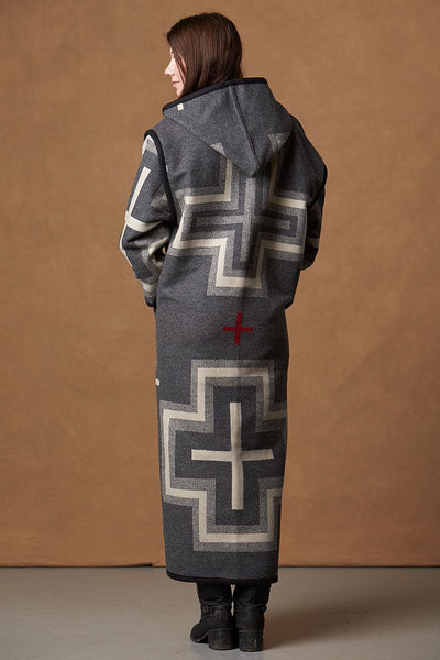 Long wool coat, dark grey with ivory and light grey geometric accents in San Miguel by Pendleton.