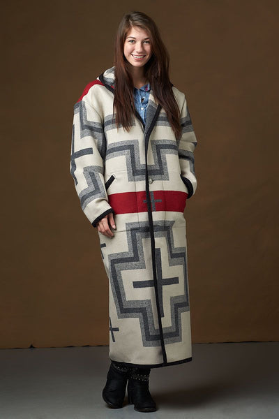 Long wool coat, ivory with red and grey geometric accents in San Miguel by Pendleton.
