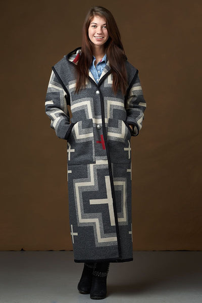 Long wool coat, dark grey with ivory and light grey geometric accents in San Miguel by Pendleton.
