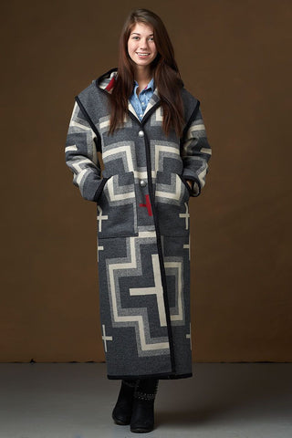 Long wool coat, dark grey with ivory and light grey geometric accents in San Miguel by Pendleton.
