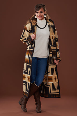 Long wool coat tan and black, with geometric accents in Oxford Harding by Pendleton.