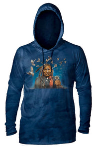 Dark blue long sleeved light weight hoodie with Native American photo