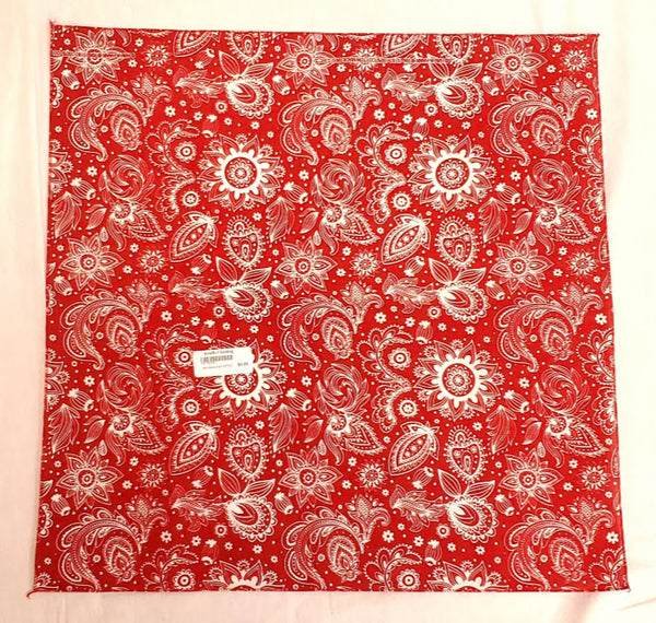 Red bandana with English prim paisley pattern in white.