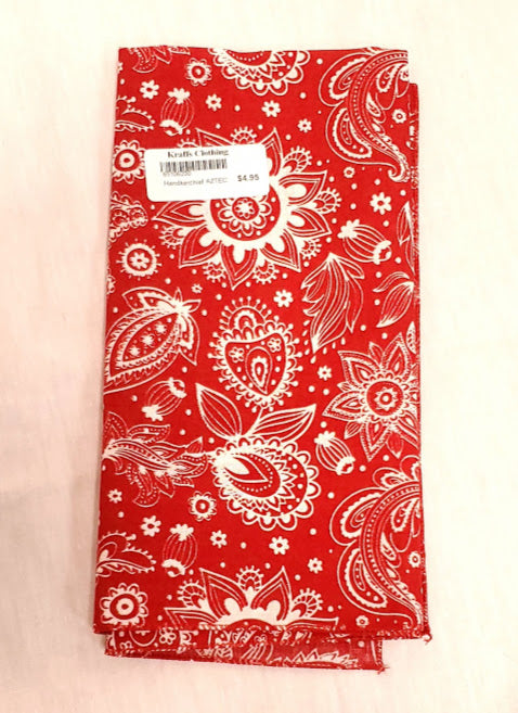 Red bandana with English prim paisley pattern in white.