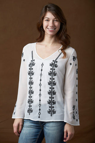 Rancho Estancia Black & White Southwestern Embroidery Blouse