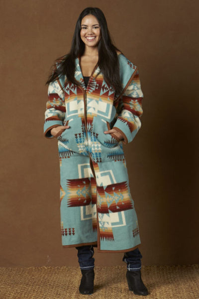 Long wool coat, aqua blue with ivory and earth tone geometric accents in the Chief Joseph pattern by Pendleton.
