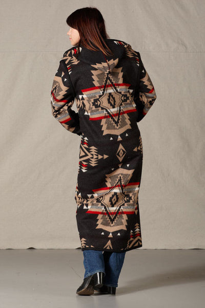 Long Pendleton wool coat, mostly black with tan geometric shapes and red accents.