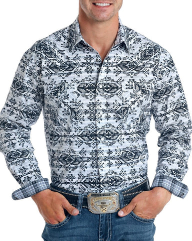 Rock N Roll Cowboy Light Grey Aztec Print Long Sleeve Snap Shirt